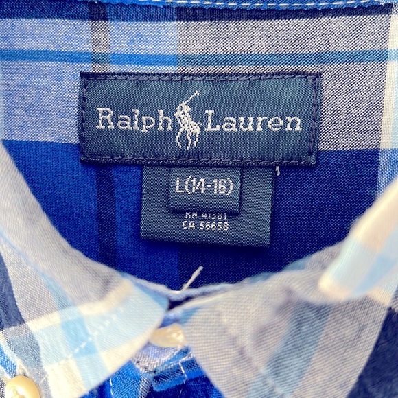 RALPH LAUREN. LARGE (size 14 to 16). Plaid, blues, black white. Classic POLO. - Picture 2 of 4